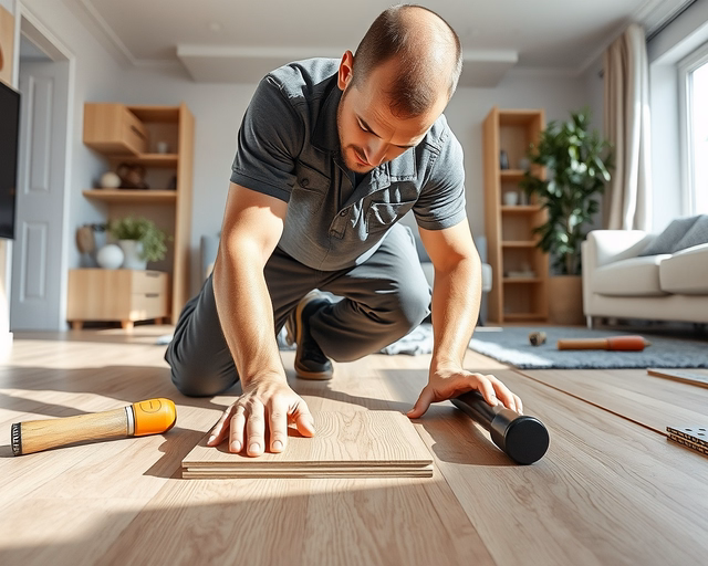 Mester precízen fekteti a parkettamintás laminált padlót: soronként illeszti a elemeket, kalapáccsal finoman üt, majd fugát ellenőriz — Parkettamintás laminált padló.