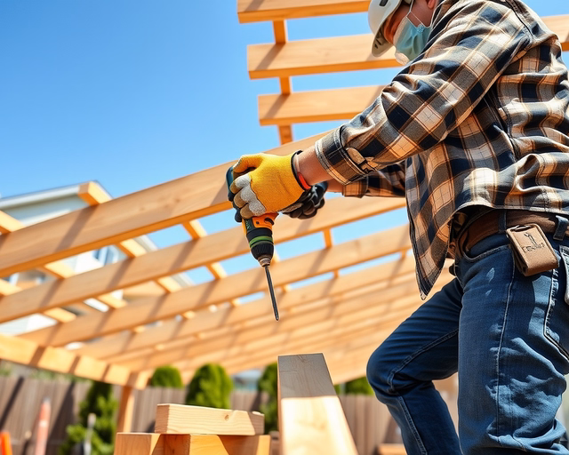 Mester pergolatetőt épít: fa vázszerkezet felállítása, gerendák méretre vágása, csavarozás, vízálló polikarbonát tetőlapok rögzítése. Precíz mérés, szintezés, pergola kivitelezés.