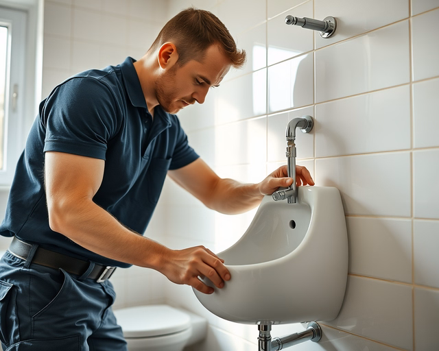 Fotó egy szakemberről, amint biztonságosan piszoárt épít be egy fürdőszobában.