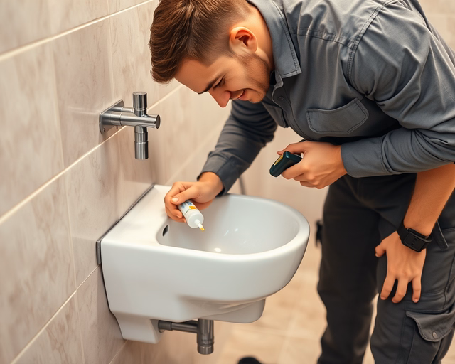 Fotó egy szakemberről, amint professzionálisan piszoárt szigetel egy fürdőszobában.