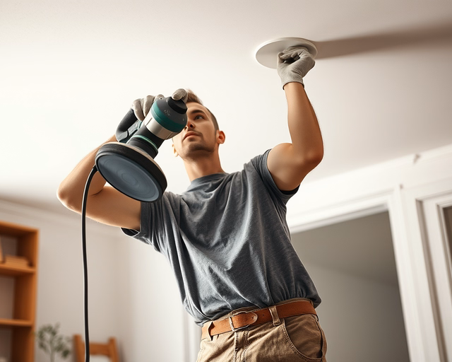 Plafoncsiszolás: munkás létrán állva finoman csiszolja a mennyezetet kézi excentercsiszolóval, porvédő szemüvegben és maszkban, hogy sima, pormentes felületet készítsen a festéshez.