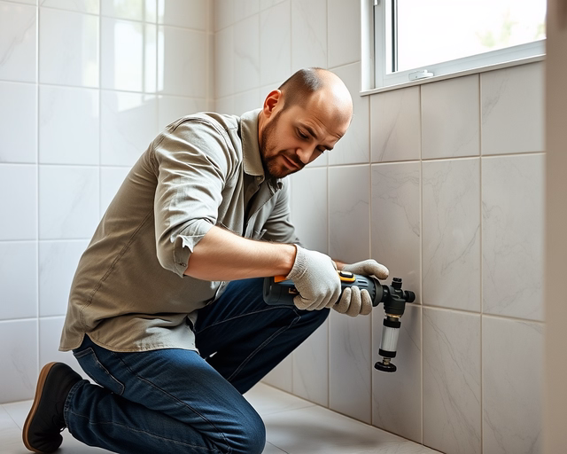 Porcelán csempe fúrása: szakember gumikesztyűben és vízhűtővel ellátott fúróval precízen, lassan fúr át a csempén, hogy elkerülje a repedést és biztosítsa az egyenletes lyukat.