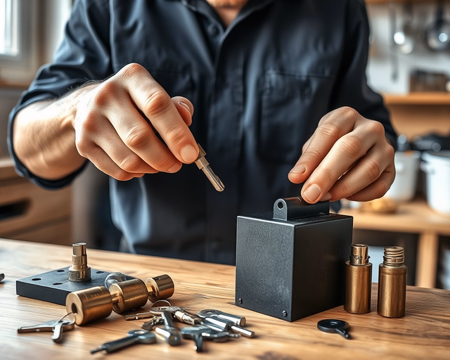 Fotó egy mesteremberről, amint precízen postai főkulcs készítést végez egy irodában.