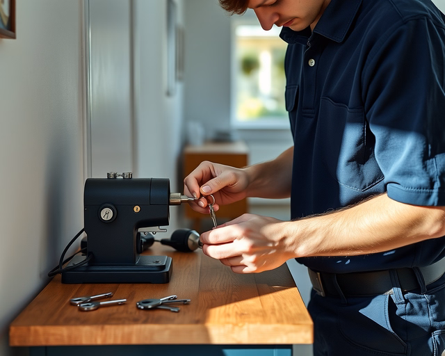 Fotó egy mesteremberről, amint megbízhatóan postaláda kulcs másolást végez egy lépcsőházban.