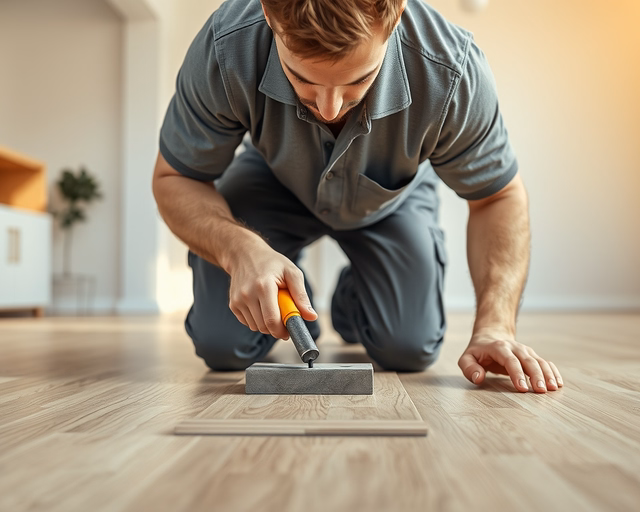 A mester precízen ragasztja a Prémium laminált padlót, gondosan illesztve a paneleket és kisimítva a ragasztós réteget a hibátlan, fényes felület eléréséhez.