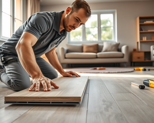 Mester precízen helyezi a PVC laminált padlót: ragasztóval ken, soronként igazít, illesztéseket ütőfával finomítva lenyom, kulcsszó: PVC laminált padló.