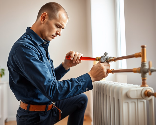 Radiátor áthelyezése: Szerelő gumikesztyűben leoldja a fali csőbilincset, óvatosan leengedi a szelepet, kezét a radiátorra támasztva kihúzza a radiátort a helyéről.