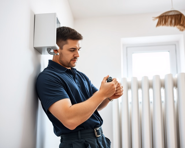 Radiátor falra szerelése: szerelő fúrja a falat, precízen felhelyezi a fali konzolt, rögzíti a csavarokat, majd gondosan felszereli és csatlakoztatja a radiátort a fűtési csőhálózathoz.