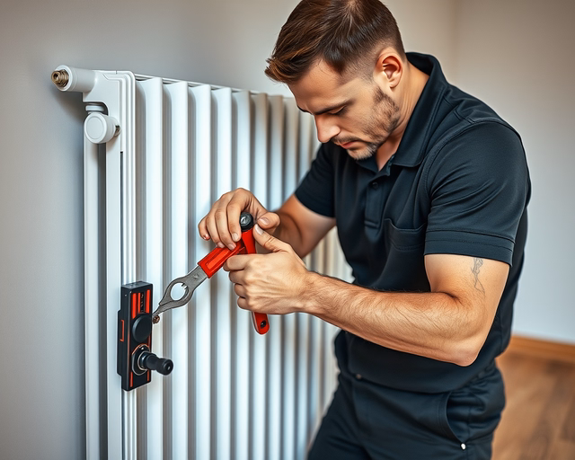 Radiátor helyes felszerelése: szerelő precízen rögzíti a radiátort a falra, csőcsatlakozásokat tömíti, légteleníti a szelepeket és ellenőrzi a víznyomást a szivárgásmentes működésért.