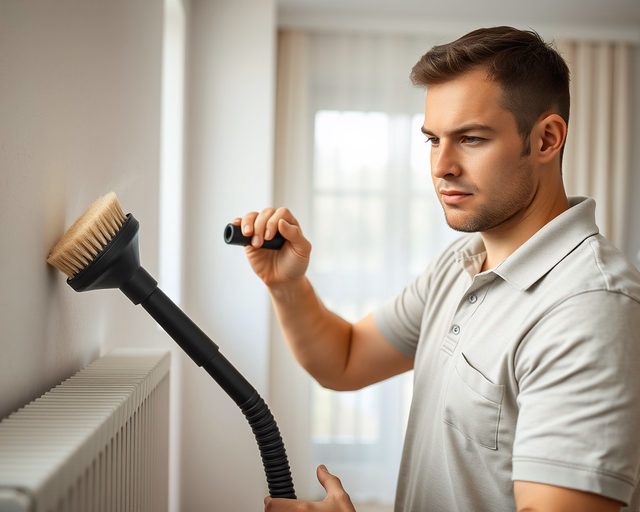 Radiátor tisztítás: szakember gumikesztyűben szétszereli a radiátort, fémszűrővel és erős vízsugárral kiöblíti a lerakódott koszt, majd újratölti és légmentesen visszaszereli a rendszert.
