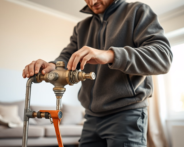 Szerelő finoman beállítja a radiátorszelepet egy panelradiátoron, precízen ellenőrzi a hőmérsékletet és a termosztatikus fej működését. Kulcsszó: Radiátorszabályozás.