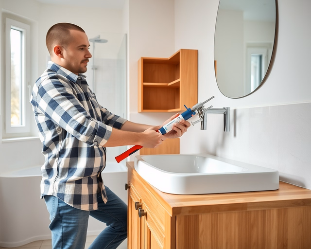 Szerelő precízen igazítja a ráépíthető mosdót a munkalap nyílásához, szilikonnal tömíti a peremet, majd csatlakoztatja a vízcsöveket és lefolyót a szivárgás ellenőrzésével.