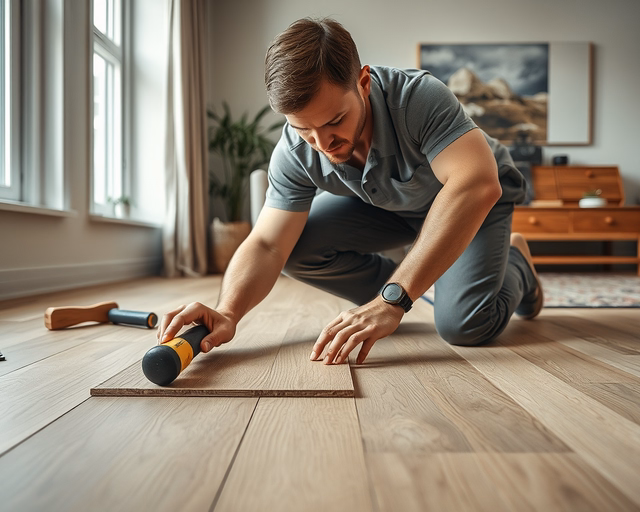 A mester precízen illeszti a ragasztott laminált padlót: ragasztó felvitele, lamella pontos igazítása és leszorítása, illesztések ellenőrzése a sima, tartós felületért. Ragasztott laminált padló.