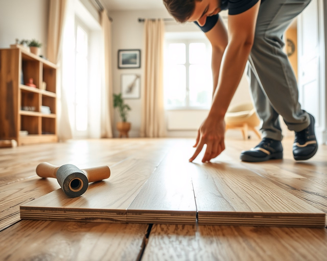 A szakember leméri és előkészíti a régi hajópadlót, majd aljzatkiegyenlítőt hord fel és precízen leragasztja a laminált padlólapokat a "Régi hajópadlóra laminált padló" szereléséhez.