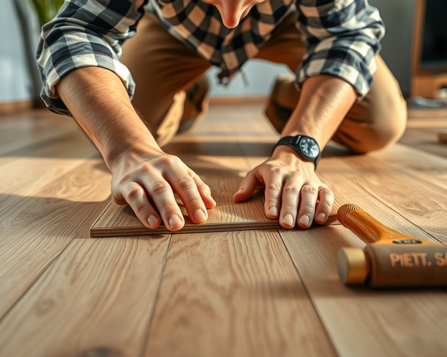 A mester precízen lefekteti a laminált padlólapot a régi parkettára, pontos illesztéseket és ragasztást alkalmazva a sima, egyenletes felület eléréséhez. Kulcsszó: Régi parkettára laminált padló