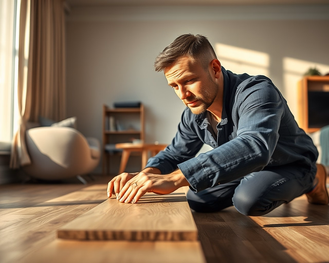 Rusztikus laminált padló fektetése: mester pontosan vágja a laminált deszkákat, illesztve a click rendszert, ütőfával igazítva, alátétet simítva a padló egyenes, rusztikus felületéért.