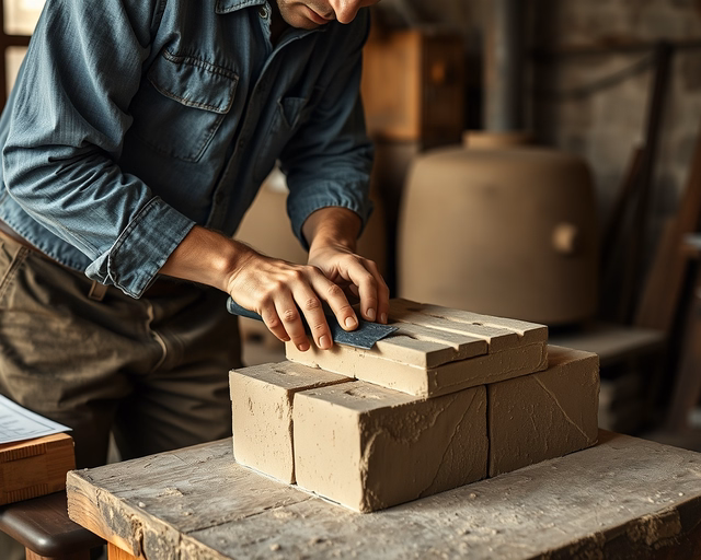 Mester óvatosan felmelegíti a samott darabot, majd egyenletesen feszíti és illeszti a kemence falába, biztosítva a szoros, hőálló illeszkedést — samott munka precíz beépítése.