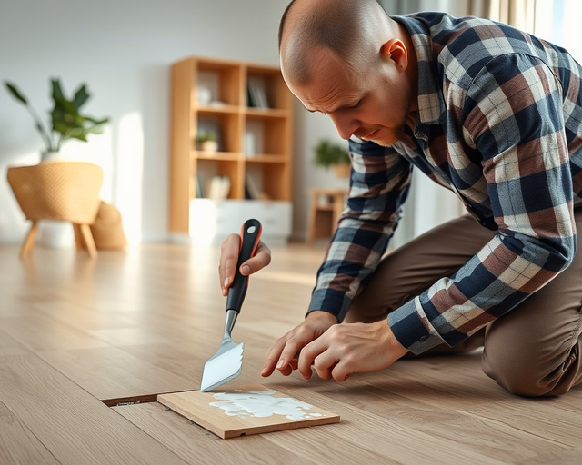 Sérült laminált padló javítása: szakember finoman eltávolítja a sérült paneleket, előkészíti az aljzatot, pontosan illeszt és ragaszt új laminát lapokat, majd áttörli és simítja a felületet.