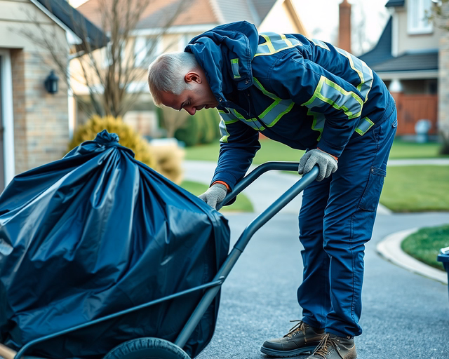 Sitt elszállítása: Munkás kesztyűben és maszkban összegyűjti a törött csempét és betondarabokat, raklapra helyezi, majd teherautó platójára emelik és rögzítik a szállításhoz.