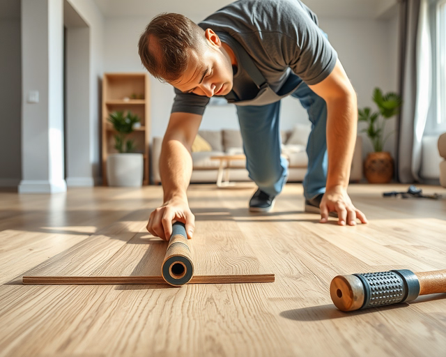 A mester precízen fekteti a Sonoma tölgy mintázatú laminált padlót: illesztéseket igazít, klikkrendszert benyom és kalapáccsal finoman rögzít egy deszkát a fal mentén.