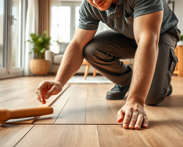 Sötét tölgy laminált padló felszerelése: mester pontosan illeszti a lécet, ütköző takaróval, gumikalapáccsal finoman üti össze a csapokat, párnafát igazít, hogy sima, tartós felület alakuljon ki.