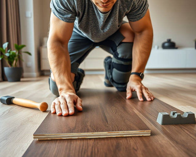 Sötétbarna laminált padló: szakember precízen illeszti az elemeket, kalapáccsal és ütőléccel finoman igazítja a bordák közti illesztést, miközben pormentesítő kefével tisztítja a felületet.