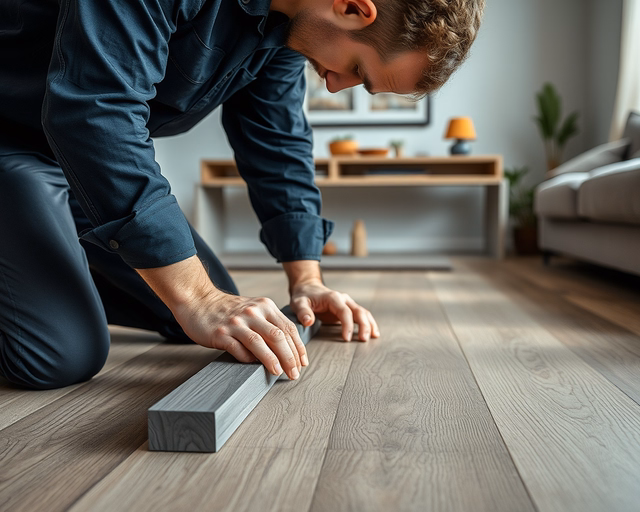 Sötétszürke laminált padló lerakása: szakember precízen illeszti a paneleket, gumikalapáccsal ütögeti a csapszegzést, fugákat ellenőrzi és letakarítja a port a kész felületről.