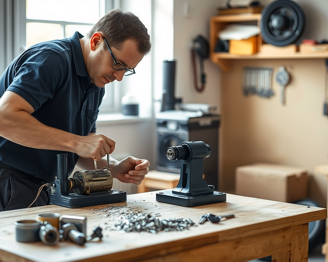Fotó egy mesteremberről, amint biztonságosan speciális kulcs másolást végez egy házban.