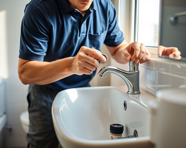 Fotó egy szakemberről, amint biztonságosan szanitert telepít és javít egy fürdőszobában.