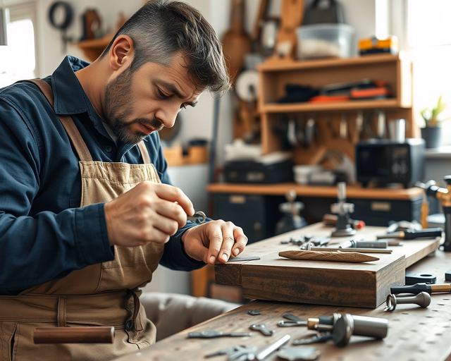 Fotó egy mesteremberről, amint biztonságosan széfkulcs készítést végez egy pincében.