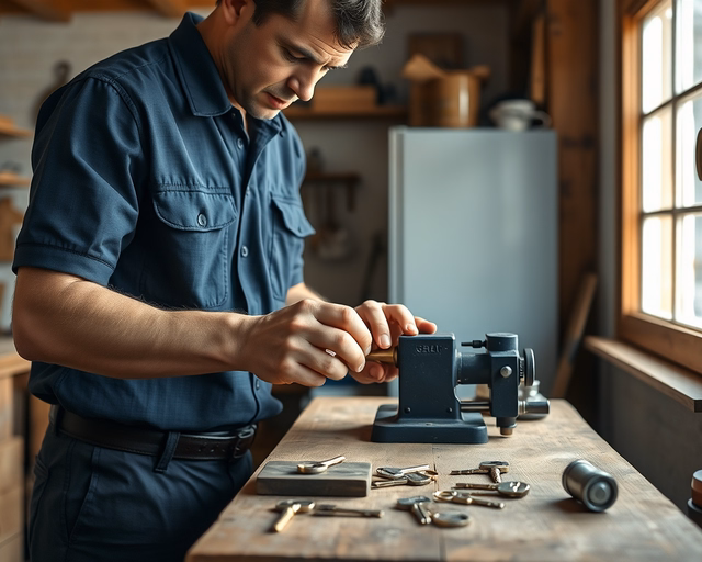 Fotó egy szakemberről, amint gondosan széfkulcs másolást végez egy pincében.