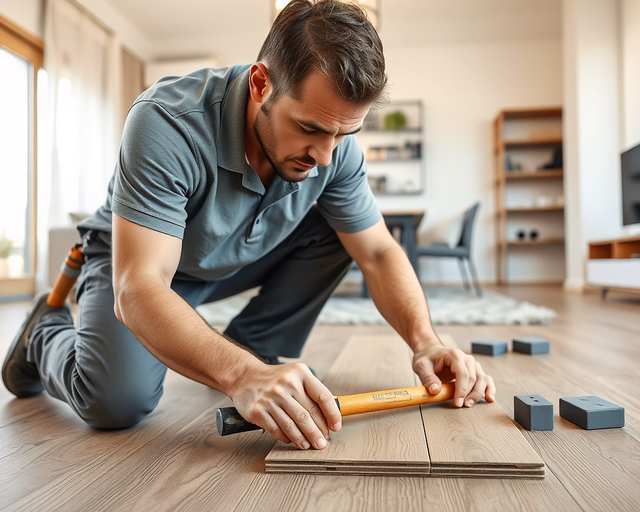 Széles laminált padló: szakember precízen illeszti a széles laminált padlólapokat, gumikalapáccsal igazítva, fugákat ellenőrizve és takarólécet illesztve a tiszta, egyenletes felületért.