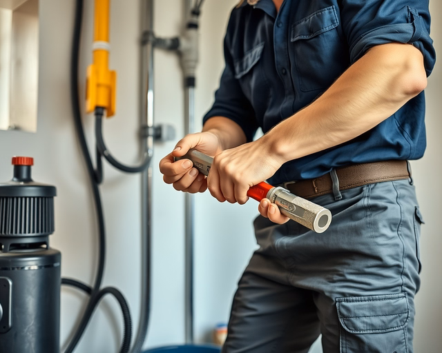 Szennyvízátemelő rendszer: műszaki dolgozó gumicsizmában leereszkedik a aknába, csőcsatlakozást ellenőriz és szivattyút tisztít, miközben nyomásmérőt és védősisakot használ.