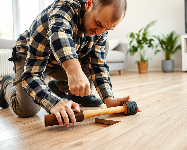 Szétcsúszott laminált padló javítása: szakember előhúzza a szétnyílt lécet, ragasztót visz fel a illesztésre, pontosan illeszti és leszorítja, hogy a padló sima és stabil legyen.