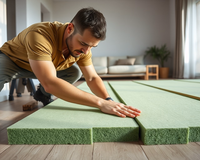 Szigetelés laminált padló alá: szakember precízen fekteti a hab- vagy filc szigetelőréteget a padló alá, egyenes vágásokkal illesztve a panelekhez, simítva és rögzítve a hibátlan hő- és hangszigetelésért.