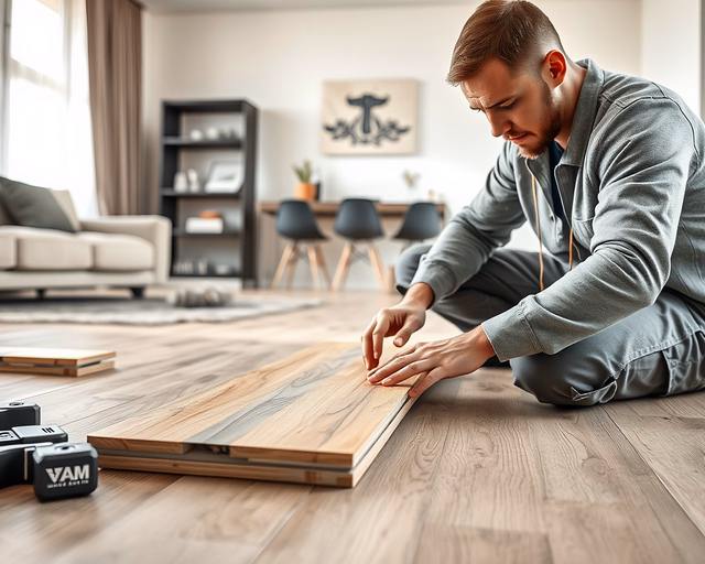 A szakember egyenes vonalban fekteti a színes laminált padlót, pontosen méri és vágja a deszkákat, ragasztót vagy klikkrendszert használva, hogy tökéletesen illeszkedjenek a falhoz. Színes laminált padló.