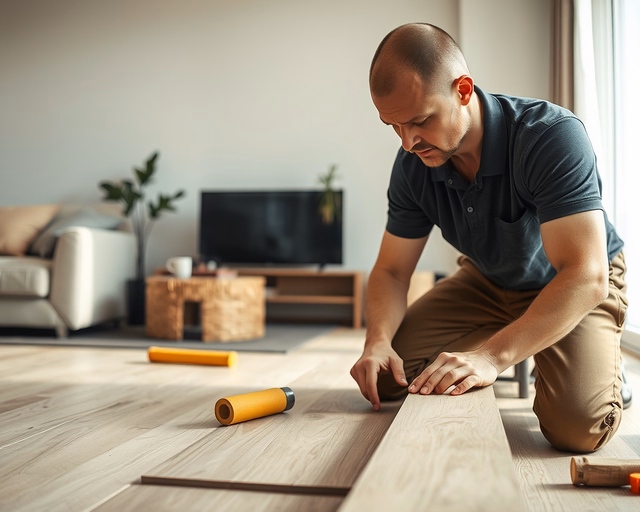 Szürke laminált padló: szerelő precízen illeszti a laminált laphosszúságokat, kalapáccsal és ütőblokkal finoman igazítva a illesztéseket, miközben pormentes aljzat és távol tartott bútorok láthatók.