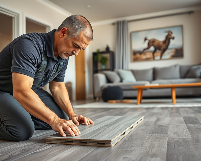 A mester precízen ragasztja a szürke laminált parkettát: lapokat illeszt, kalapáccsal finoman igazít, fuga mentén ellenőrzi a síkosságot és tisztítja a ragacsos maradványokat.