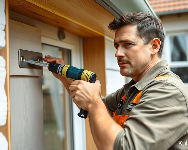 Munkás precízen méri és vágja a táblás homlokzatburkolat lapját, kezében fűrész és mérőszalag, miközben rögzíti a tökéletes illesztést a ház külső falán.