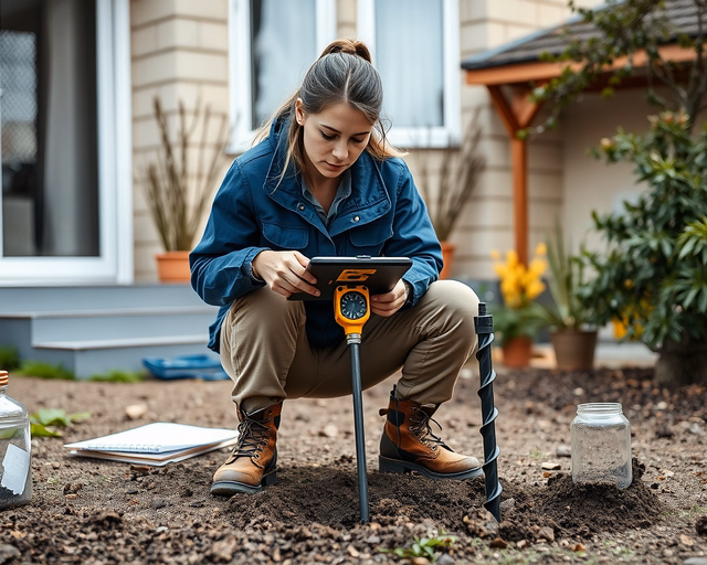 Talajmechanikai vizsgálat: technikus fúrószárat helyez a talajba, magmintát emel ki és azonnal mérőműszerekkel analizálja a szemcse- és nedvességtartalmat a helyszínen.