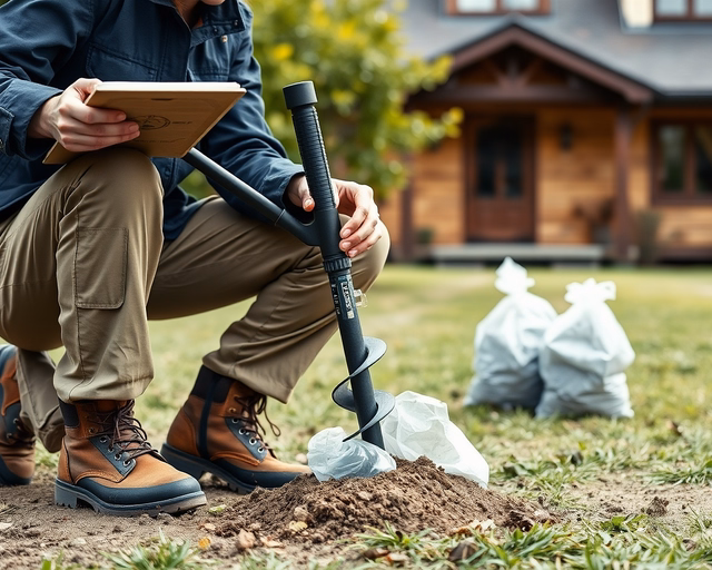 Mérnök talajmintát vesz fúrószerkezettel, aztán tasakba helyezi és címkézi a talajvizsgálat építkezés előtt kifejezés szerepel a kép hátterén.
