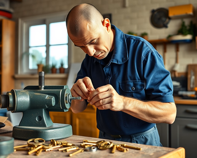 Fotó egy szakemberről, amint gondosan tárolószekrény kulcs másolást végez egy pincében.