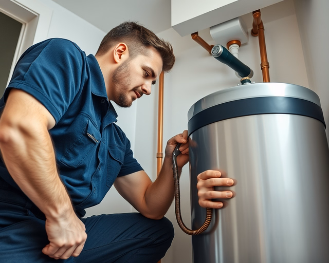 Fotó egy vízvezeték-szerelőről, amint körültekintően tartályt épít be egy fürdőszobában.