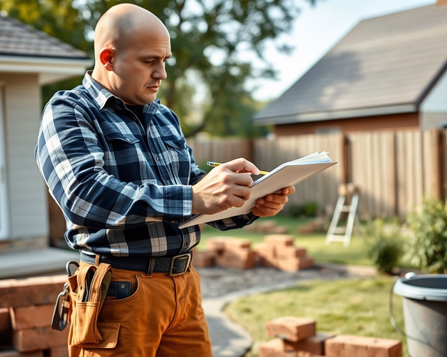 A mesterszakember tájékoztatást ad a Téglaház építés ára-ról, miközben tervrajzot mutat és költségvetést készít a helyszíni felmérésen.