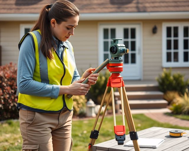 Telek kimérése: Mérnök mérőszalaggal és szintezővel pontosan kijelöli a telek sarkait, karókat üt be, GPS-t használva rögzíti koordinátákat és dokumentálja a határvonalat.