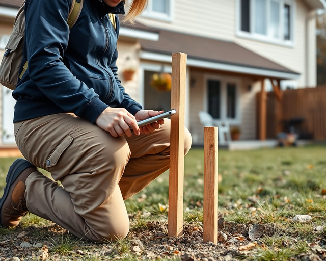 Telekalakítás: mérnök a helyszínen jelöli ki a telekhatárt mérőszalaggal és karókkal, miközben térképet és ingatlan-nyilvántartási tervrajzot hasonlít össze a tereppel.