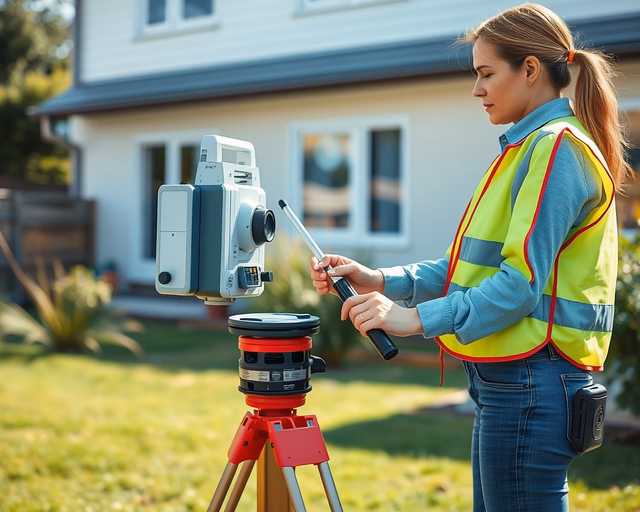 Telekhatár kimérése: egy földmérő mérőszalaggal és jelzőrudakkal pontosan bejárja a kert szélét, GPS-készülék a kezében, határköveket megjelölve és dokumentálva.