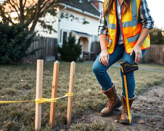 Telekhatár kitűzése: Jegyző és mérnök a helyszínen pontos mérőműszerrel megjelöli a sarokpontokat, szalaggal és spray-jelöléssel kijelölve az új telekhatárt a földön.