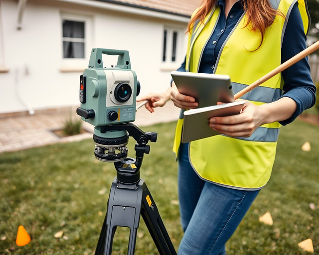 Telekhatár-módosítás: földmérő mérőszalaggal és jelzőrudakkal pontosan kijelöli az új határvonalat a kertben, miközben tulajdonos figyel és térképet tart a kezében.