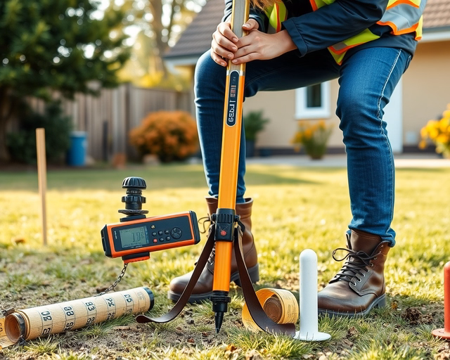Telekhatár-rendezés: Földmérő precízen kitűzi új telekhatárt mérőszalaggal és jelzőtüskékkel, GPS-adatokat ellenőriz, tulajdonos jelenlétében dokumentálja és aláíratja határpontokat.